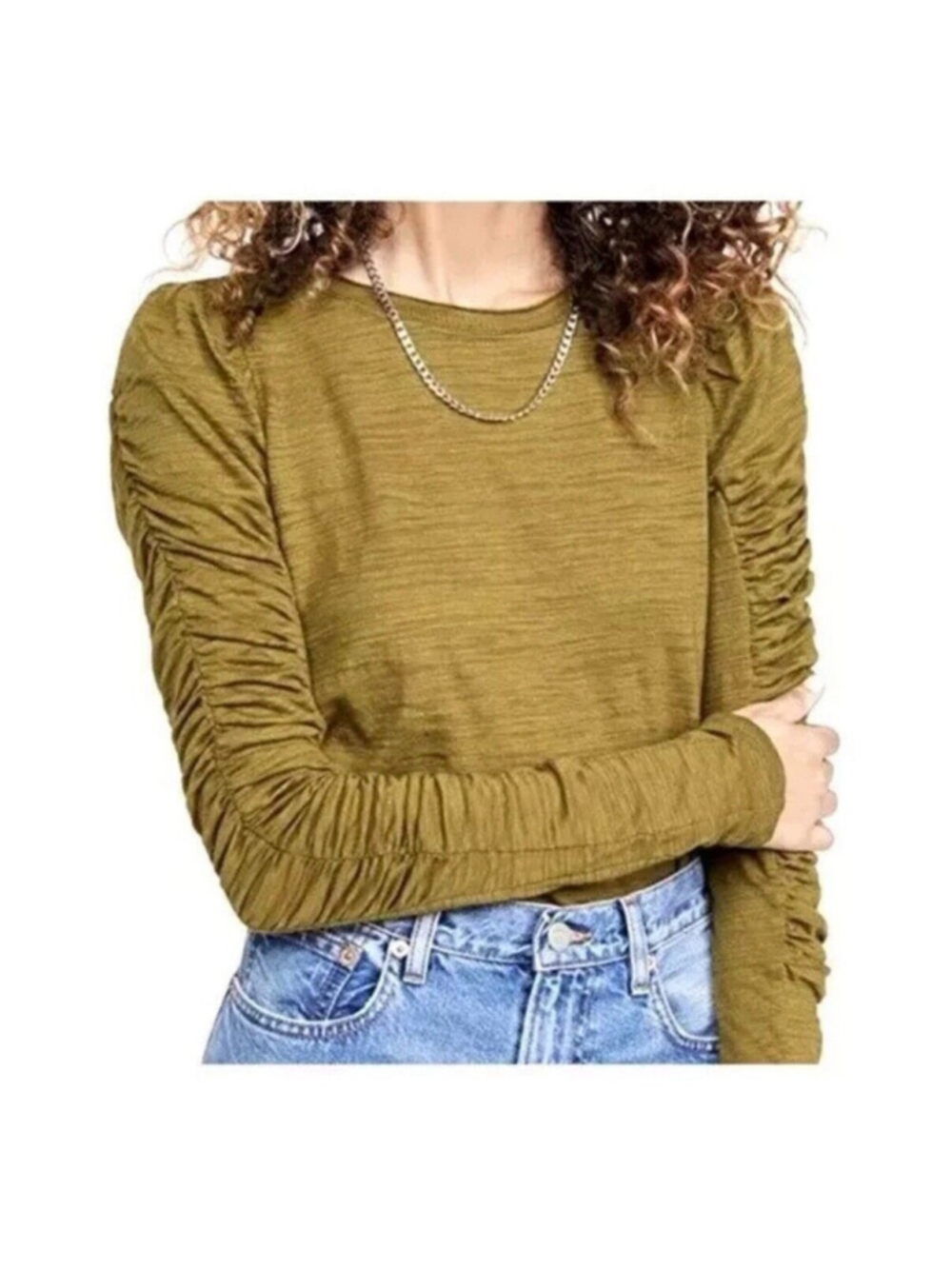 House of Harlow 1960 Ruffle Ruched Long-Sleeve Olive Women Size M Cottagecore